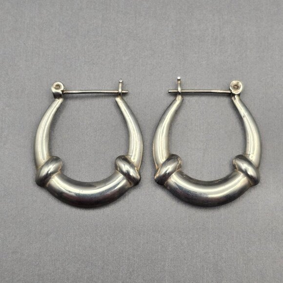VTG Sterling Silver 925 Puffy Hoop Earrings 1.25" Knot Detail Hinged Closure - Picture 4 of 9